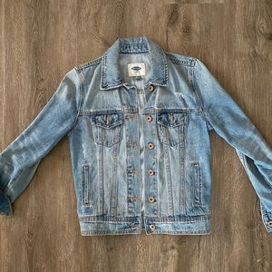 Distressed light wash denim jacket